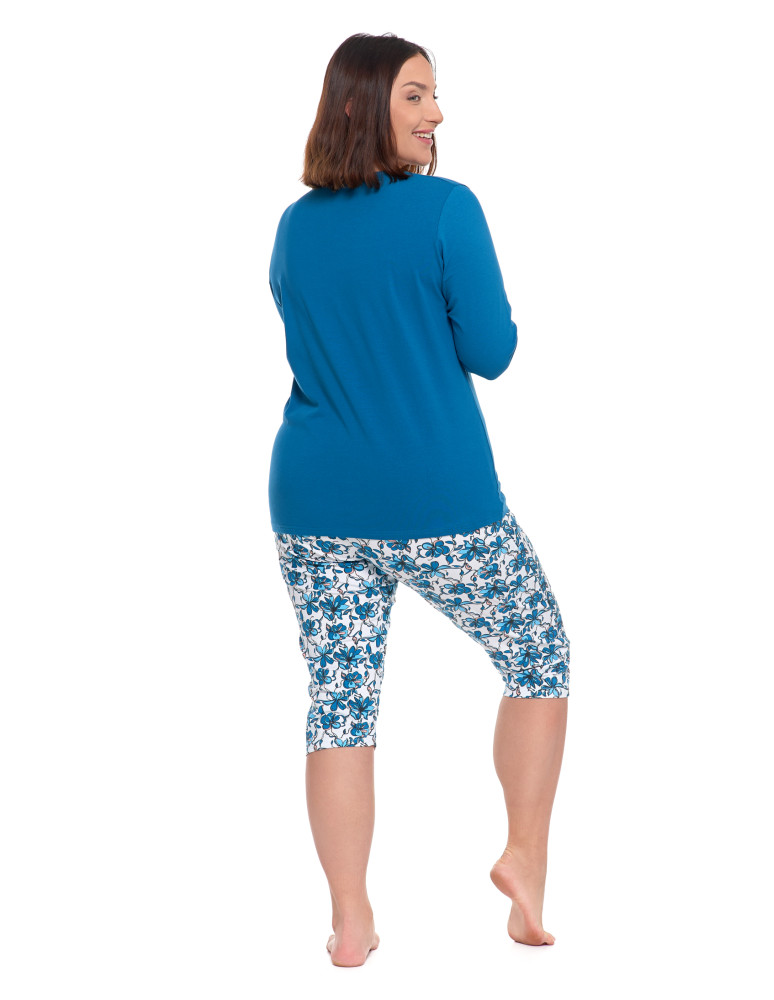 Długi rękaw - Damska piżama 3/4 rękaw spodnie w kwiatowym wzorze Plus Size NIEBIESKI - produkt moraj.pl 2