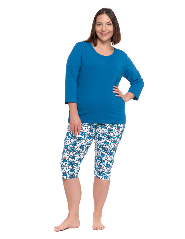 Długi rękaw - Damska piżama 3/4 rękaw spodnie w kwiatowym wzorze Plus Size NIEBIESKI - produkt moraj.pl 5