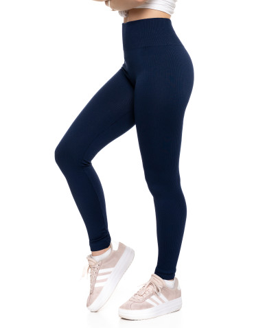Legginsy - Legginsy damskie z wysokim stanem prążkowane sportowe GRANATOWY - produkt 3
