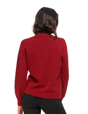 Swetry - Sweter damski bawełniany oversize z aplikacją kwiatową CZERWONY - produkt 4