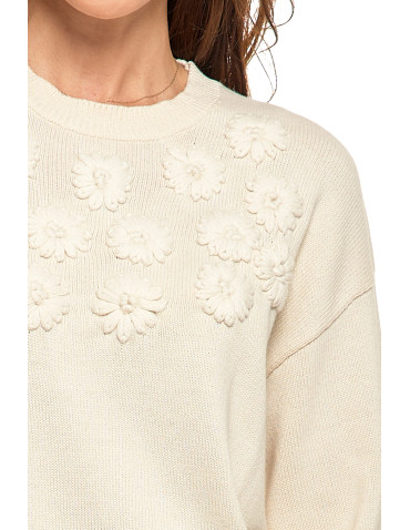 Swetry - Sweter damski bawełniany oversize z aplikacją kwiatową KREMOWY - produkt 2