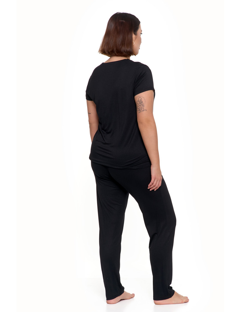Krótki rękaw - Piżama damska Plus Size z wiskozy z koronkowym dekoltem CZARNY - produkt moraj.pl 2