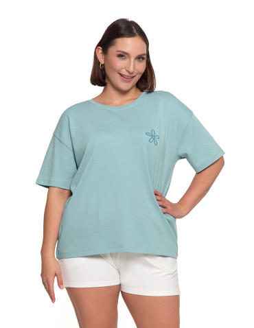 Koszulki i topy - T-shirt damski luźny z haftowanym kwiatkiem NIEBIESKI - produkt 1