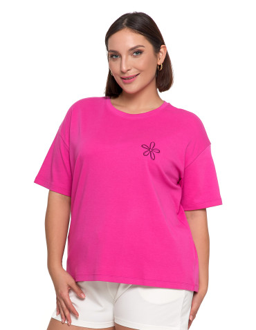 Koszulki i topy - T-shirt damski luźny z haftowanym kwiatkiem FUKSJA - produkt 1