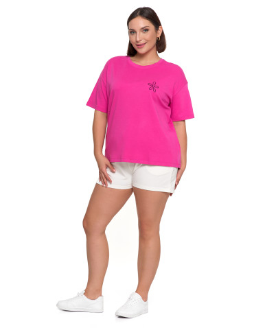 Koszulki i topy - T-shirt damski luźny z haftowanym kwiatkiem FUKSJA - produkt 5
