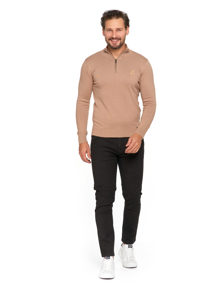 Swetry - Męski sweter bawełniane ze stójką i zamkiem BEŻOWY - produkt moraj.pl 4