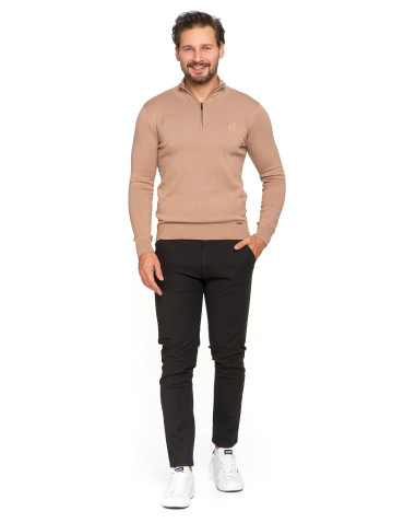 Swetry - Męski sweter bawełniane ze stójką i zamkiem BEŻOWY - produkt 6