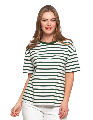 Koszulki i topy - T-shirt damski bawełniany w paski o luźnym kroju ZIELONY - produkt 1
