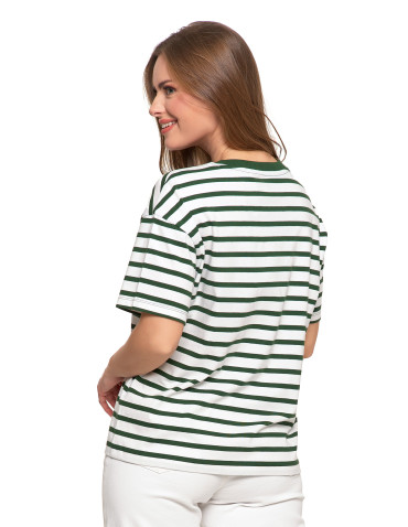 Koszulki i topy - T-shirt damski bawełniany w paski o luźnym kroju ZIELONY - produkt 2