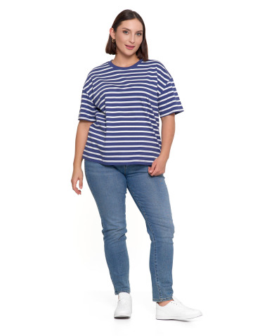 Koszulki i topy - T-shirt damski bawełniany w paski o luźnym kroju NIEBIESKI - produkt 6