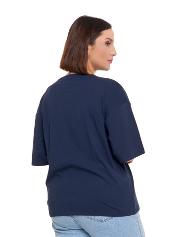 Koszulki i topy - T-shirt damski oversize z nadrukiem GRANATOWY - produkt 2