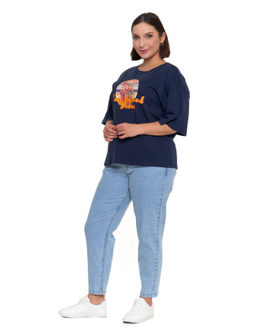 Koszulki i topy - T-shirt damski oversize z nadrukiem GRANATOWY - produkt 3