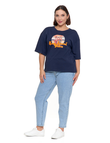 Koszulki i topy - T-shirt damski oversize z nadrukiem GRANATOWY - produkt 5