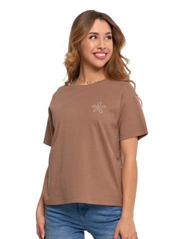 Koszulki i topy - T-shirt damski luźny z haftowanym kwiatkiem BEŻOWY - produkt 1