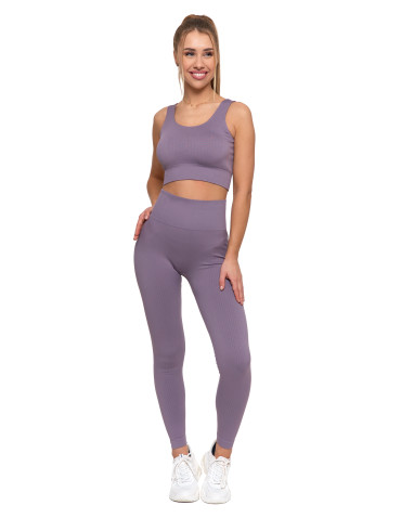Legginsy - Legginsy damskie sportowe w prążek wysoki stan FIOLETOWY - produkt 1