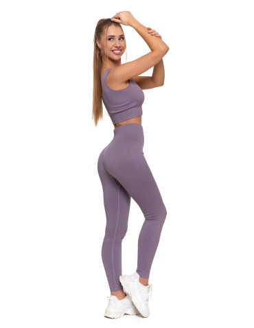 Legginsy - Legginsy damskie sportowe w prążek wysoki stan FIOLETOWY - produkt 2