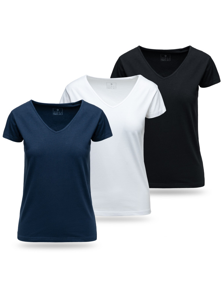 Koszulki i topy - Koszulka damska T-shirt z dekoltem w serek 3-pak WIELOKOLOROWY - produkt moraj.pl 1