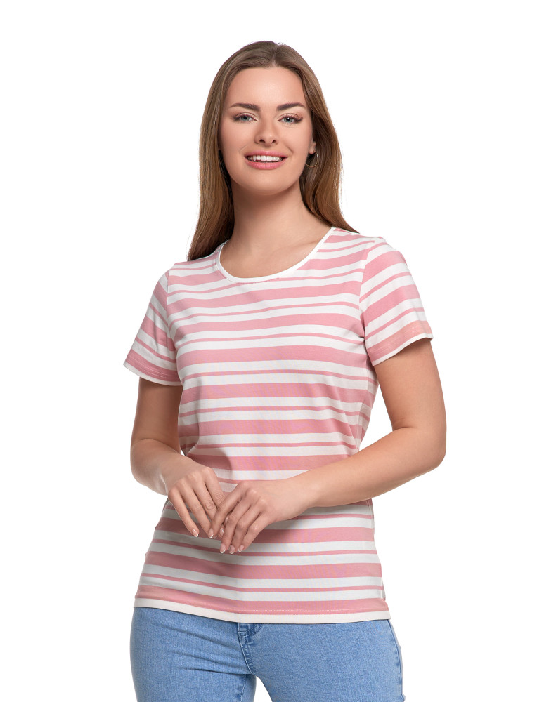 Koszulki i topy - T-shirt damski bawełniany w paski RÓŻOWY - produkt moraj.pl 1