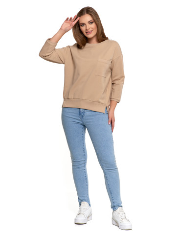 Bluzy - Bluza damska z kieszonką o luźnym kroju BEŻOWY - produkt 3
