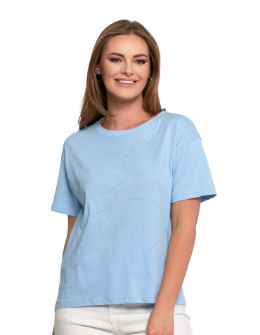 Koszulki i topy - T-shirt damski oversize z ozdobnymi dżetami NIEBIESKI - produkt 1