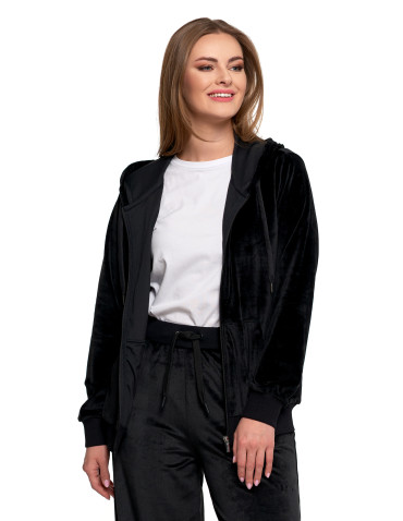 Bluzy - Damska welurowa bluza z kapturem i zamkiem CZARNY - produkt 3