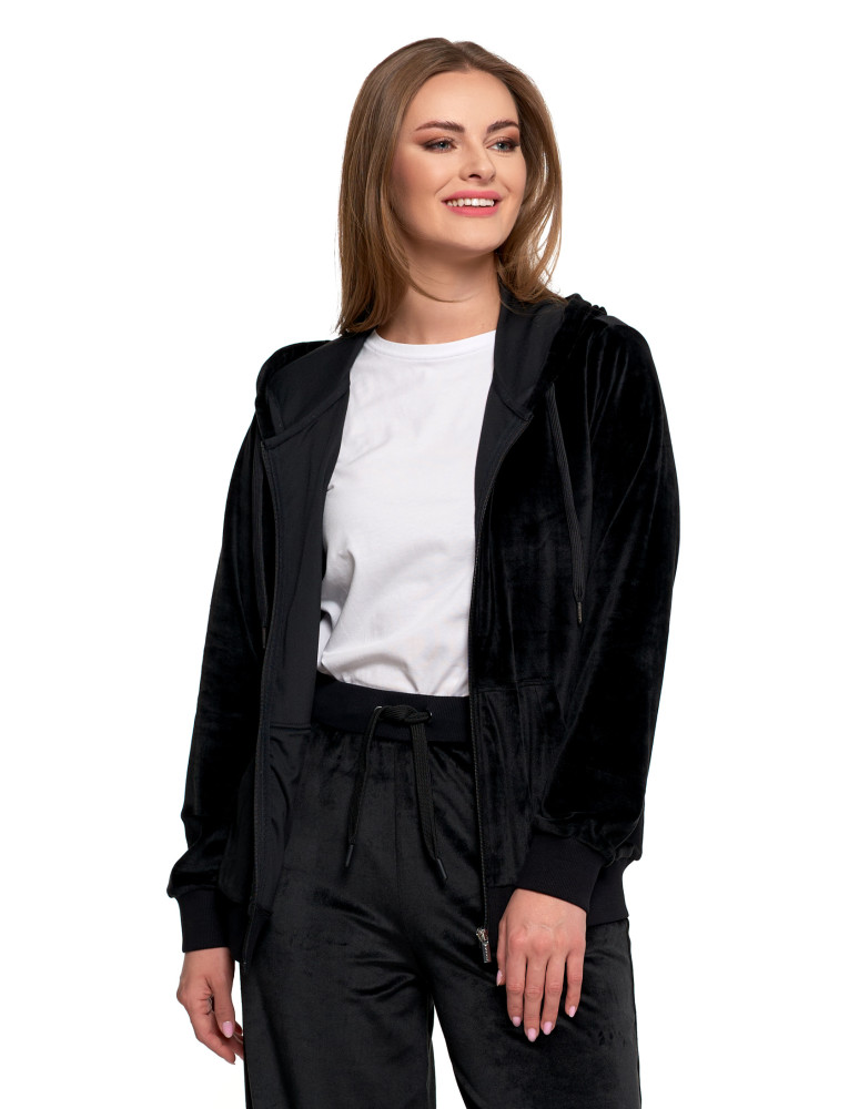 Bluzy - Damska welurowa bluza z kapturem i zamkiem CZARNY - produkt moraj.pl 3
