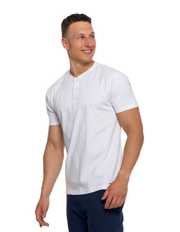 Koszulki, topy, koszule - T-shirt męski bawełniany z dekoltem henley BIAŁY - produkt 1