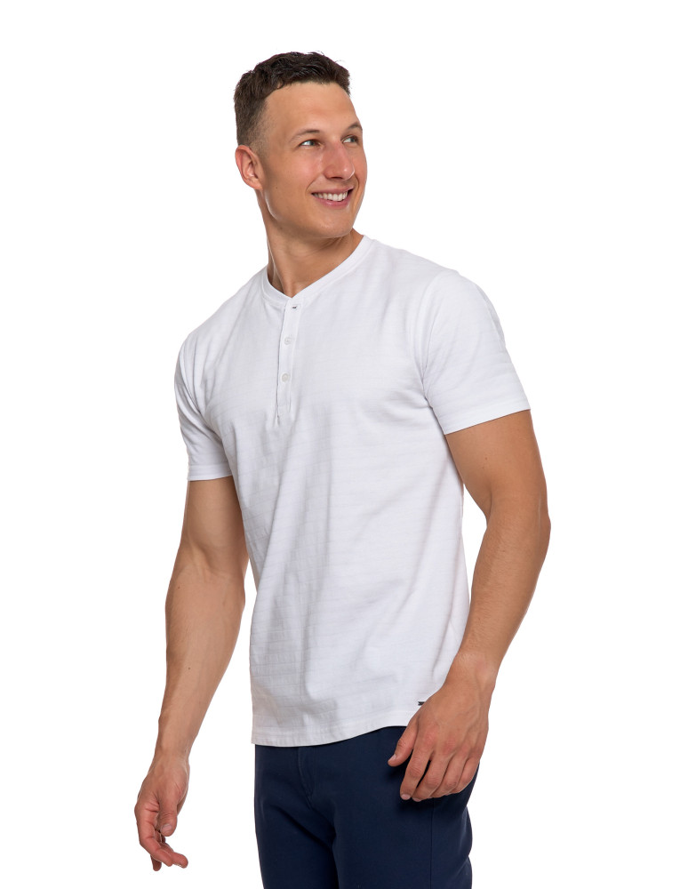 Koszulki, topy, koszule - T-shirt męski bawełniany z dekoltem henley BIAŁY - produkt moraj.pl 1