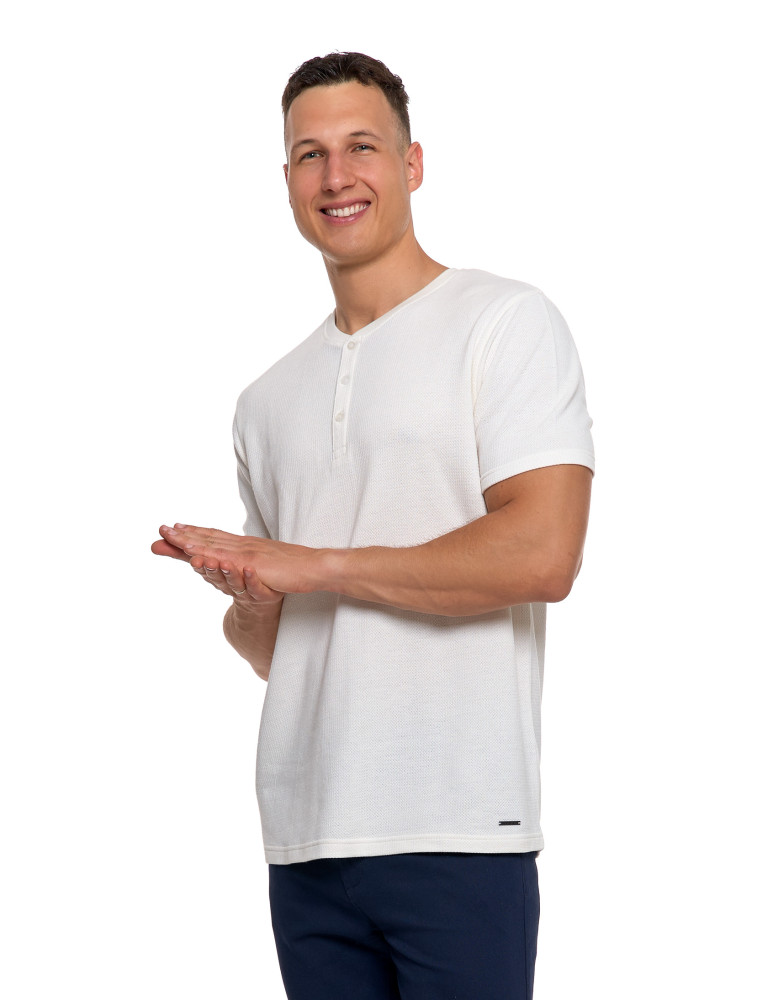 Koszulki, topy, koszule - T-shirt męski bawełniany o strukturalnym splocie typu waffle KREMOWY - produkt moraj.pl 2