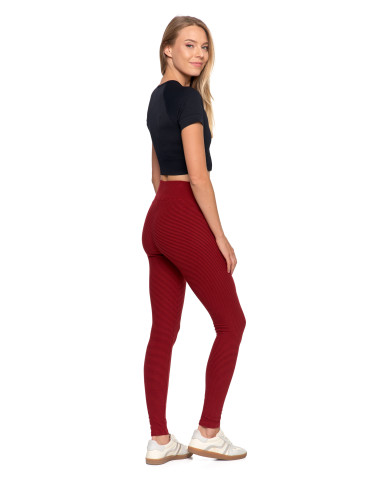 Legginsy - Damskie legginsy z wysokim stanem i prążkowaną strukturą BORDOWY - produkt 2