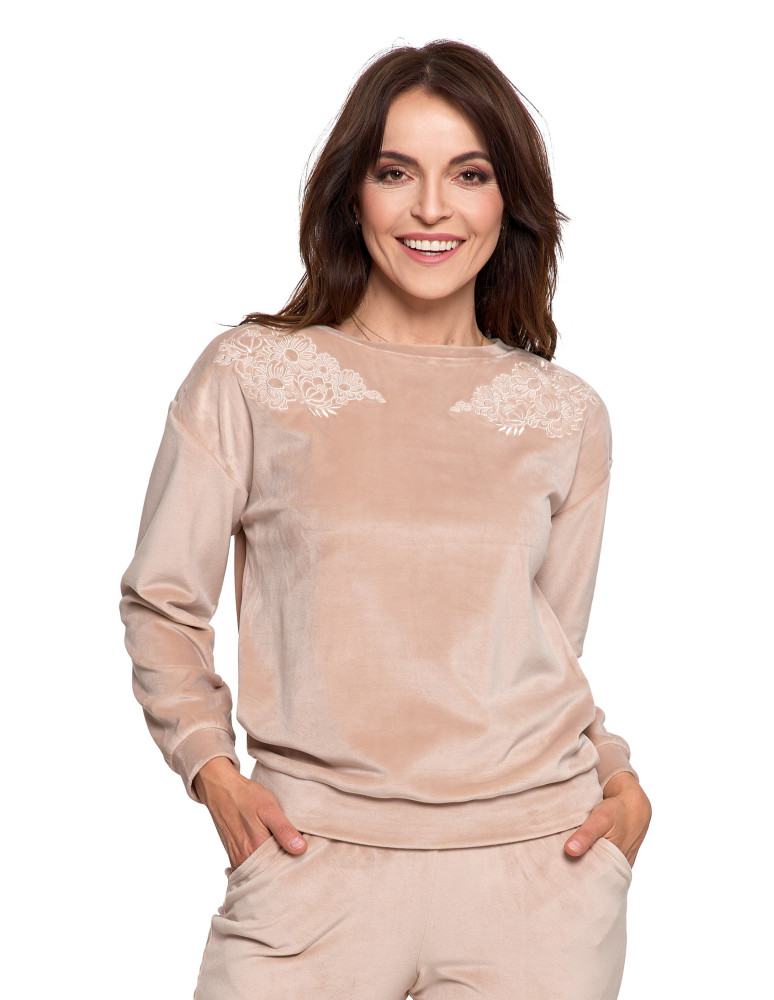 Bluzy - Bluza damska welurowa bez kaptura z haftem BEŻOWY - produkt moraj.pl 1