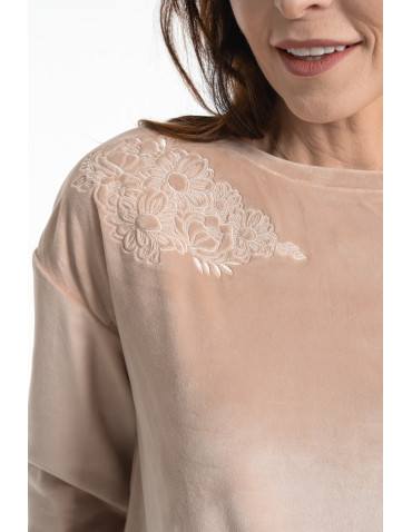 Bluzy - Bluza damska welurowa bez kaptura z haftem BEŻOWY - produkt 3