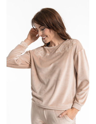 Bluzy - Bluza damska welurowa bez kaptura z haftem BEŻOWY - produkt 4