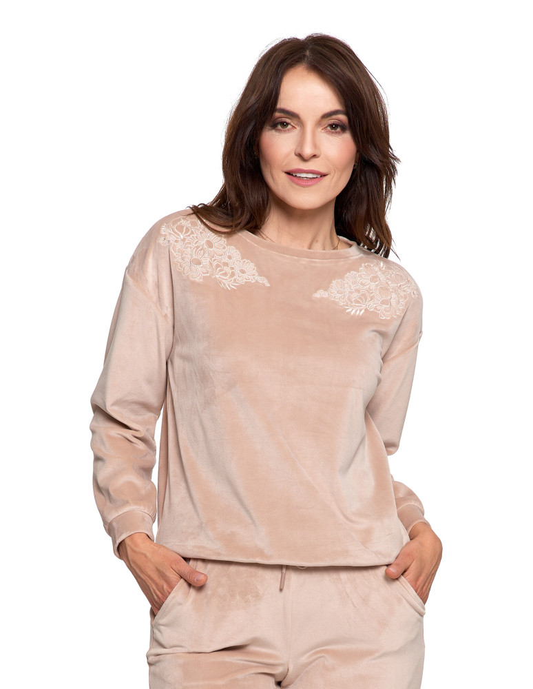 Bluzy - Bluza damska welurowa bez kaptura z haftem BEŻOWY - produkt moraj.pl 7