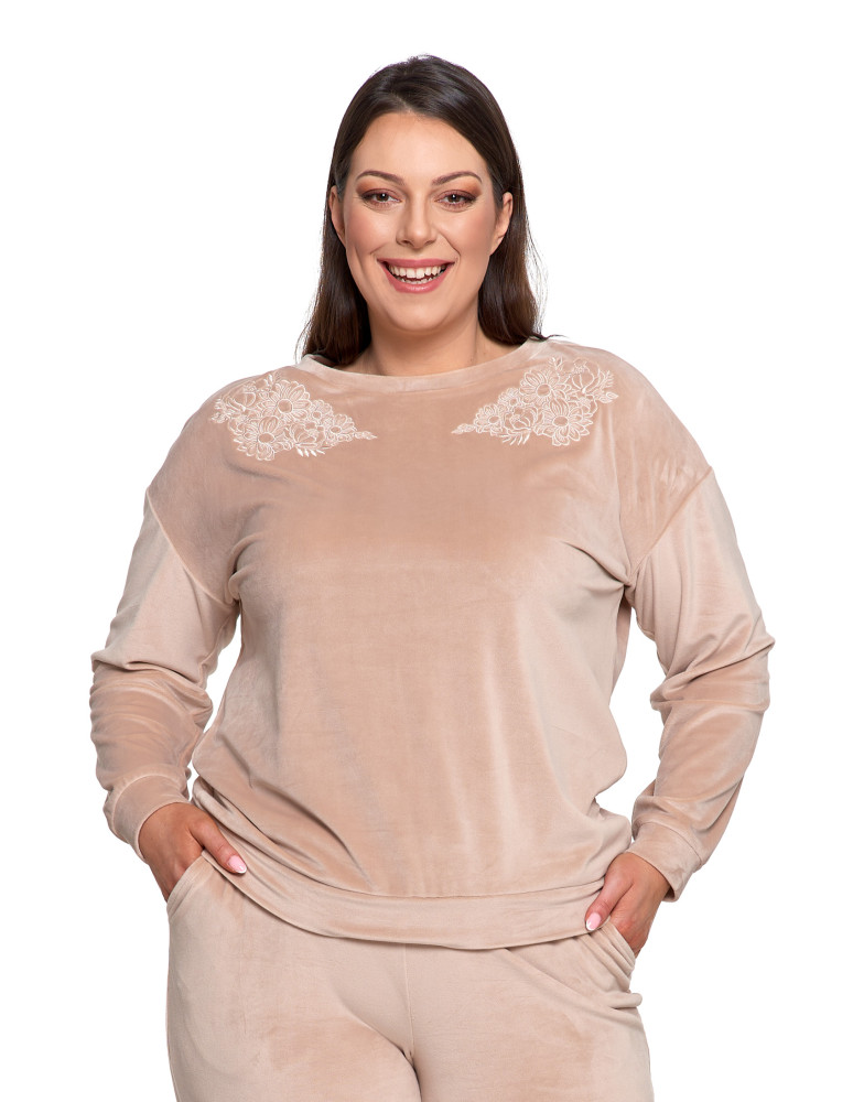 Bluzy - Bluza damska welurowa bez kaptura z haftem BEŻOWY - produkt moraj.pl 17