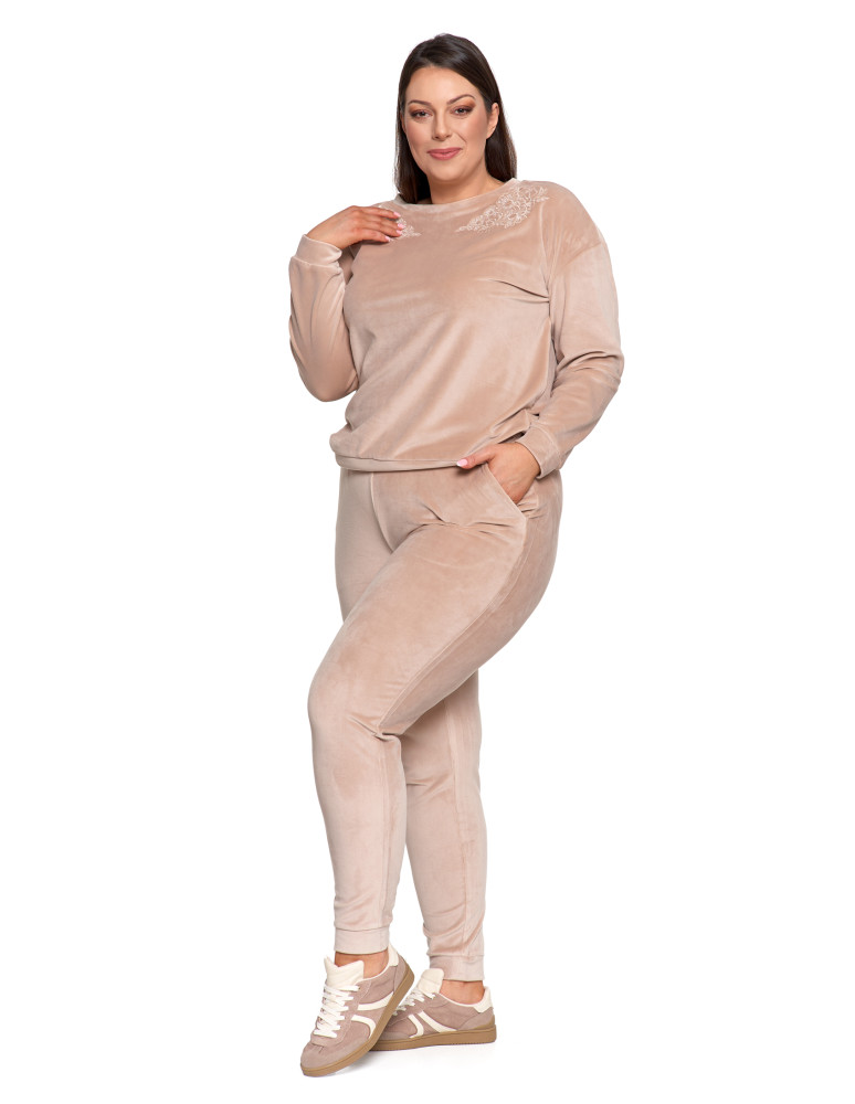Bluzy - Bluza damska welurowa bez kaptura z haftem BEŻOWY - produkt moraj.pl 19