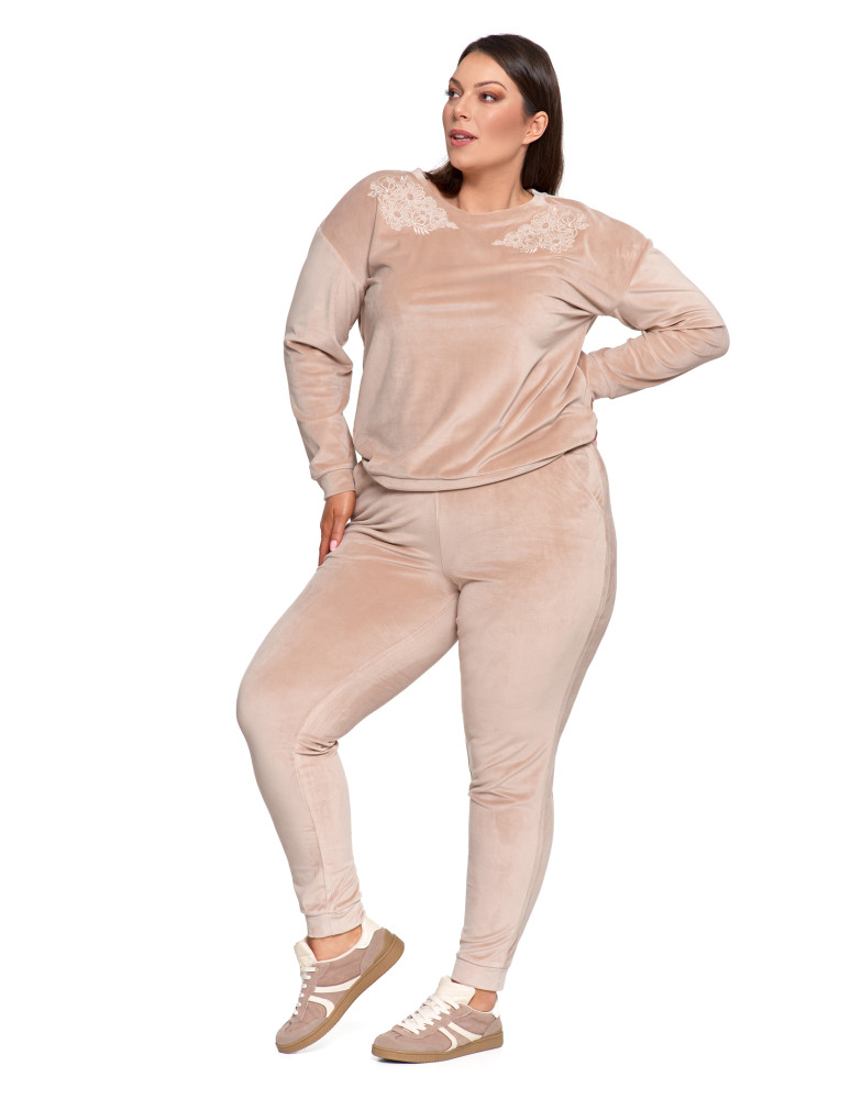 Bluzy - Bluza damska welurowa bez kaptura z haftem BEŻOWY - produkt moraj.pl 20