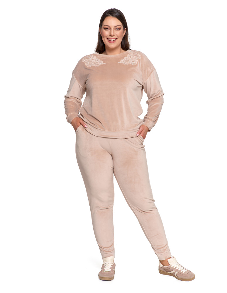 Bluzy - Bluza damska welurowa bez kaptura z haftem BEŻOWY - produkt moraj.pl 21