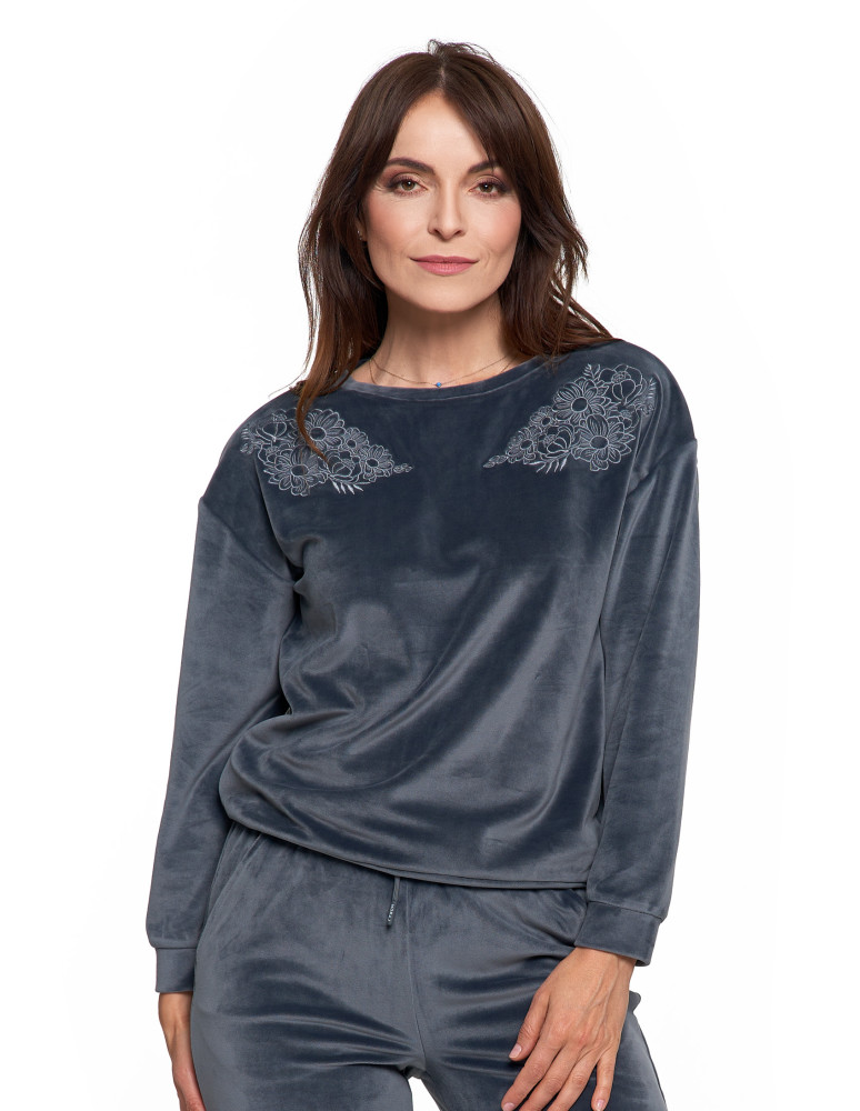 Bluzy - Bluza damska welurowa bez kaptura z haftem GRAFITOWY - produkt moraj.pl 1
