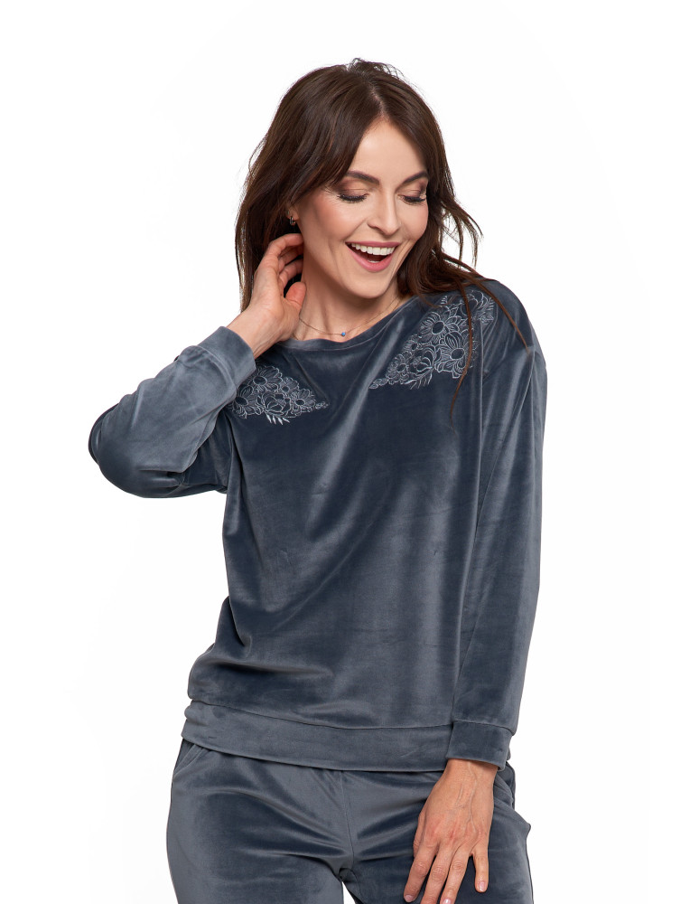 Bluzy - Bluza damska welurowa bez kaptura z haftem GRAFITOWY - produkt moraj.pl 4