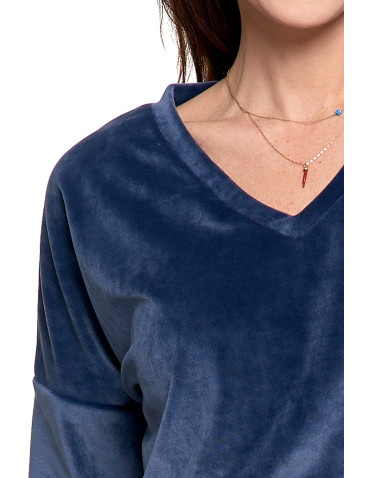 Bluzy - Bluza damska welurowa klasyczna z dekoltem V GRANATOWY - produkt 3