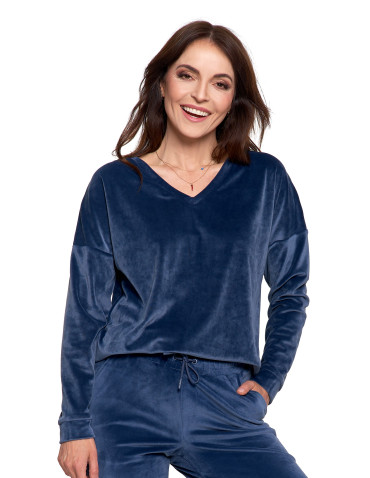 Bluzy - Bluza damska welurowa klasyczna z dekoltem V GRANATOWY - produkt 4