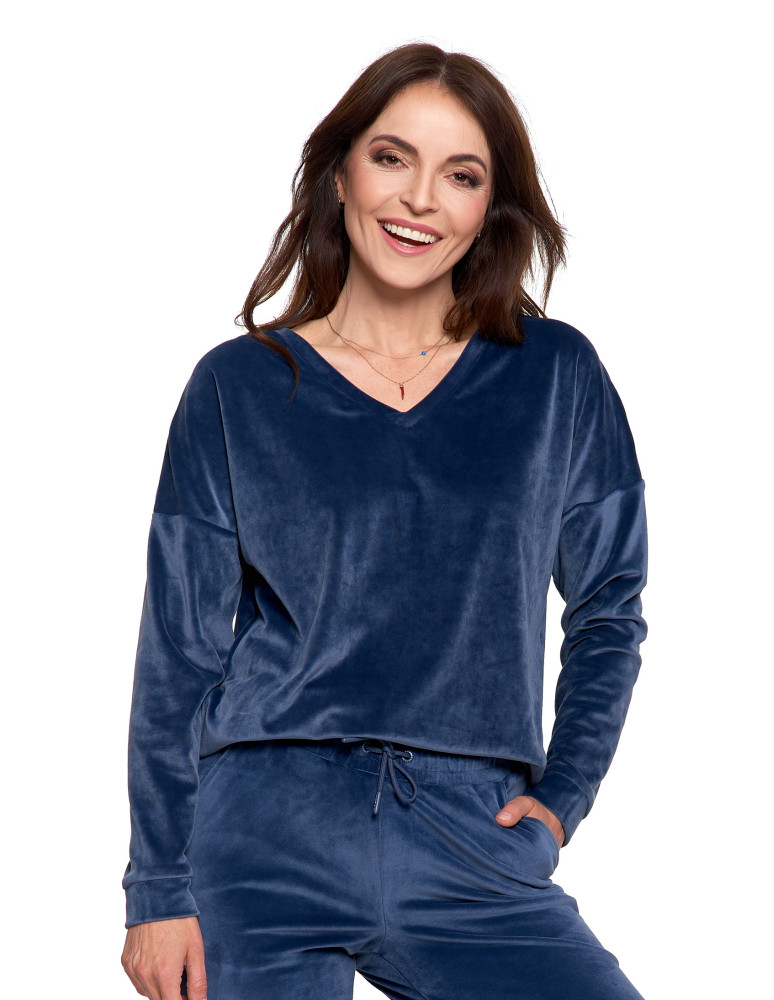 Bluzy - Bluza damska welurowa klasyczna z dekoltem V GRANATOWY - produkt moraj.pl 4