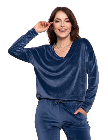 Bluzy - Bluza damska welurowa klasyczna z dekoltem V GRANATOWY - produkt 5