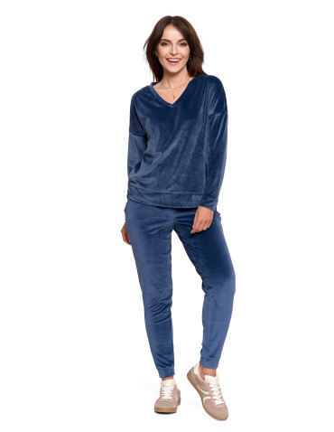Bluzy - Bluza damska welurowa klasyczna z dekoltem V GRANATOWY - produkt 8