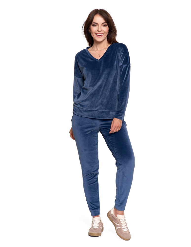 Bluzy - Bluza damska welurowa klasyczna z dekoltem V GRANATOWY - produkt moraj.pl 8
