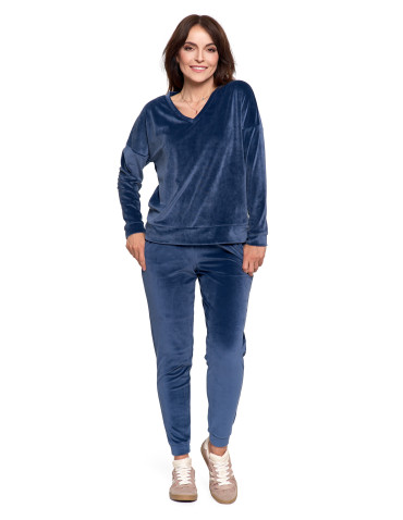 Bluzy - Bluza damska welurowa klasyczna z dekoltem V GRANATOWY - produkt 9