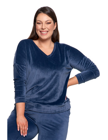 Bluzy - Bluza damska welurowa klasyczna z dekoltem V GRANATOWY - produkt 12