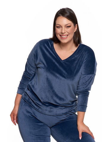 Bluzy - Bluza damska welurowa klasyczna z dekoltem V GRANATOWY - produkt 13