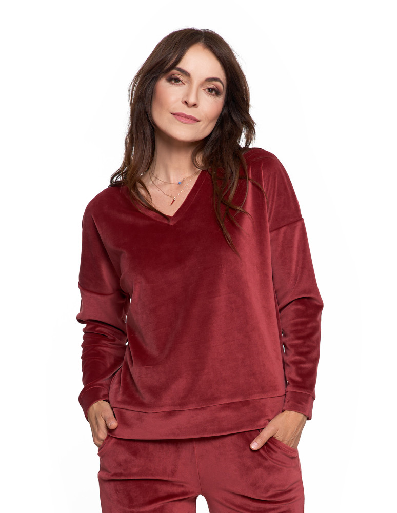 Bluzy - Bluza damska welurowa klasyczna z dekoltem V BORDOWY - produkt moraj.pl 1